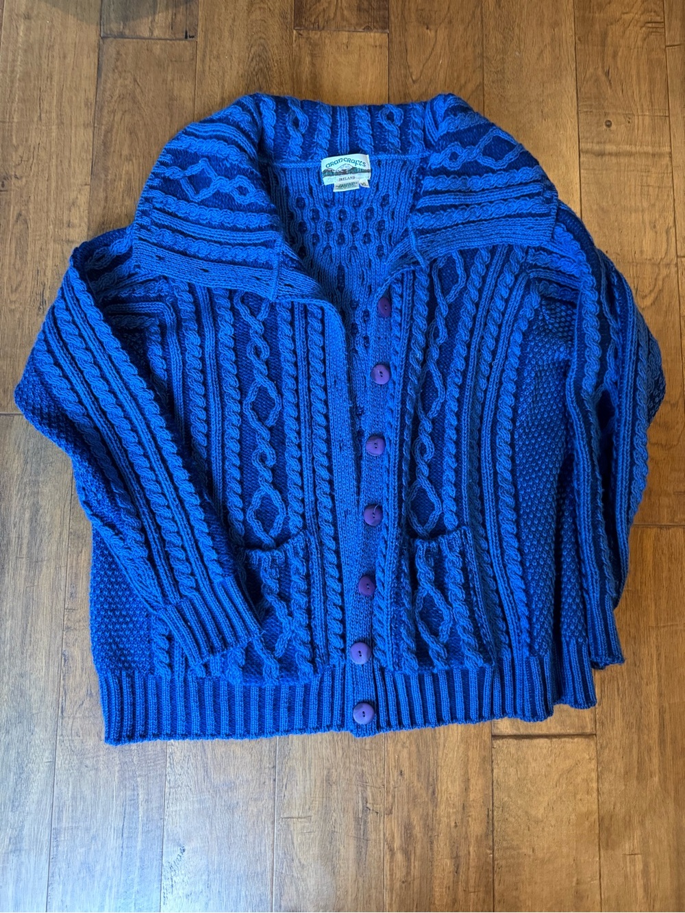 Aran Crafts Blue Cable Knit Button-Front Cardigan